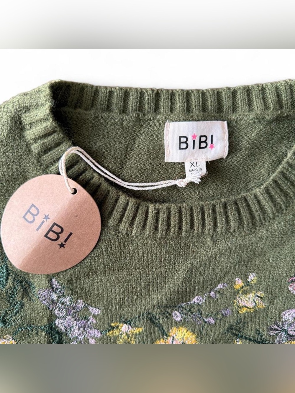 BiBi Olive Crewneck Sweater with Multicolor Floral Embroidery - Picture 2 of 3